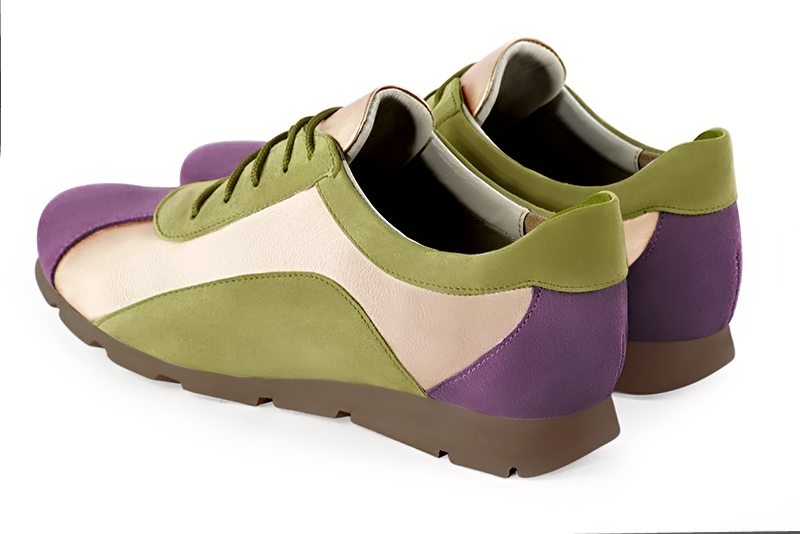 Amethyst purple, gold and pistachio green women's three-tone elegant sneakers. Round toe. Flat rubber soles. Rear view - Florence KOOIJMAN